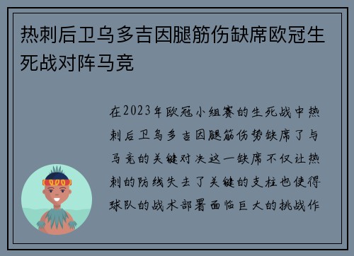 热刺后卫乌多吉因腿筋伤缺席欧冠生死战对阵马竞