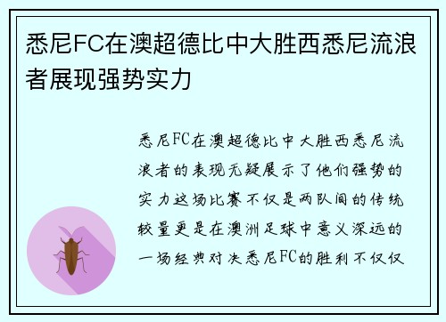 悉尼FC在澳超德比中大胜西悉尼流浪者展现强势实力